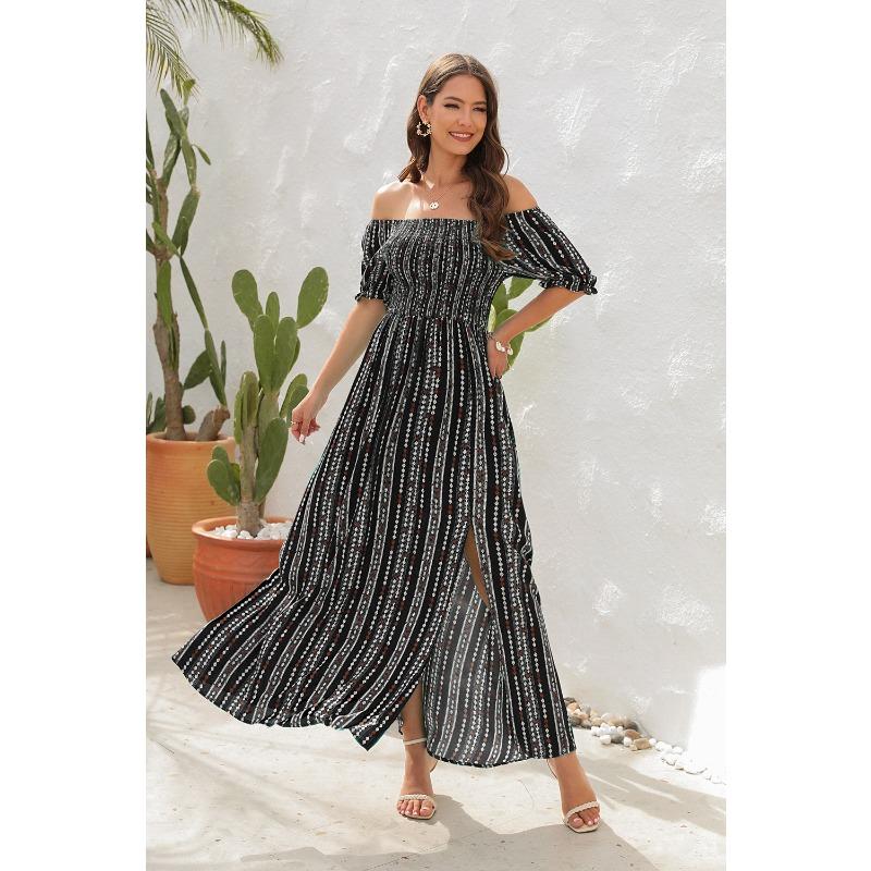 Šaty s potiskem svislých pruhů s rozparkem v pase, šaty na jedno rameno, prázdninové ležérní šaty
