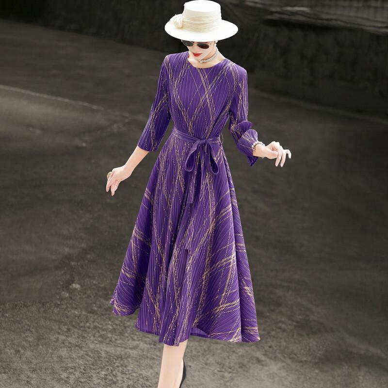 Lanseer 2026 Summer French Elegant Belted Pleated Print A-line Dress