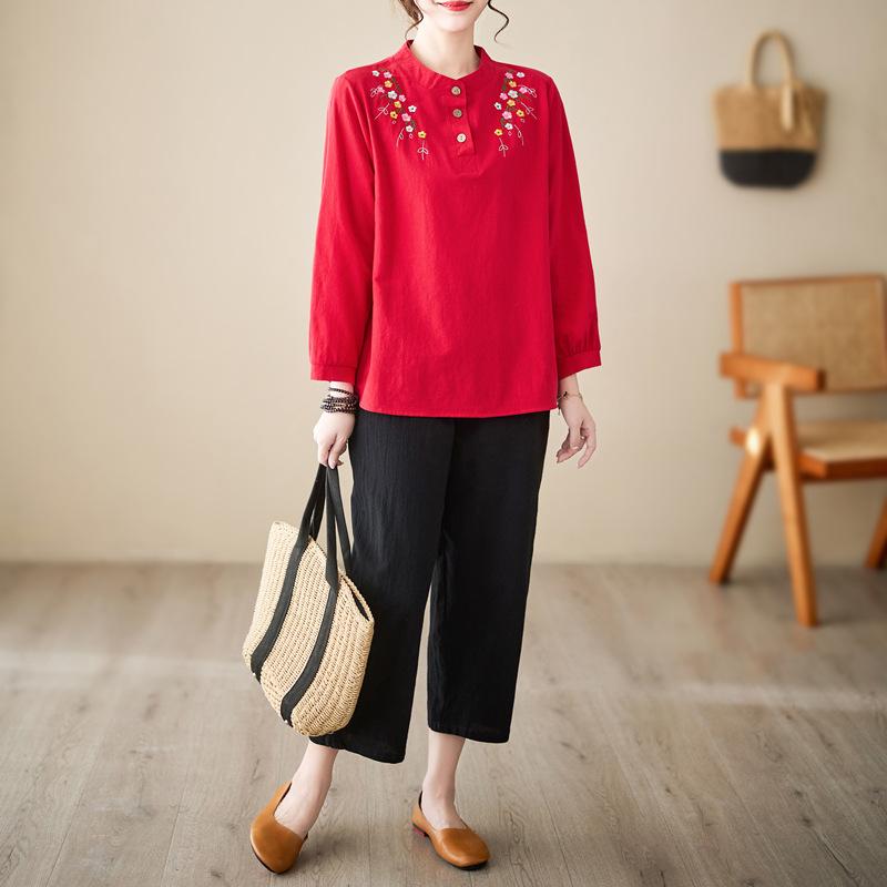 WoMan's Spring and Summer Cotton  Linen Tops Loose Retro Bottoming Shirt  Embroidered Flower Stand-up Collar Half-open Long-sleeved Shirt