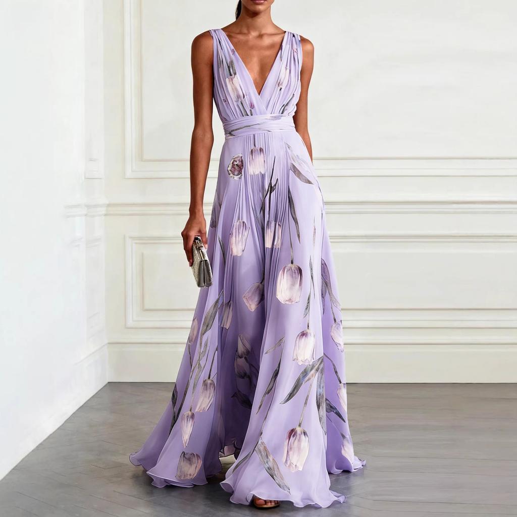 Women Sleeveless V Neck Waist Zip Floral Print Evening Gown Dress with Flowing A Line for Formal Occasions