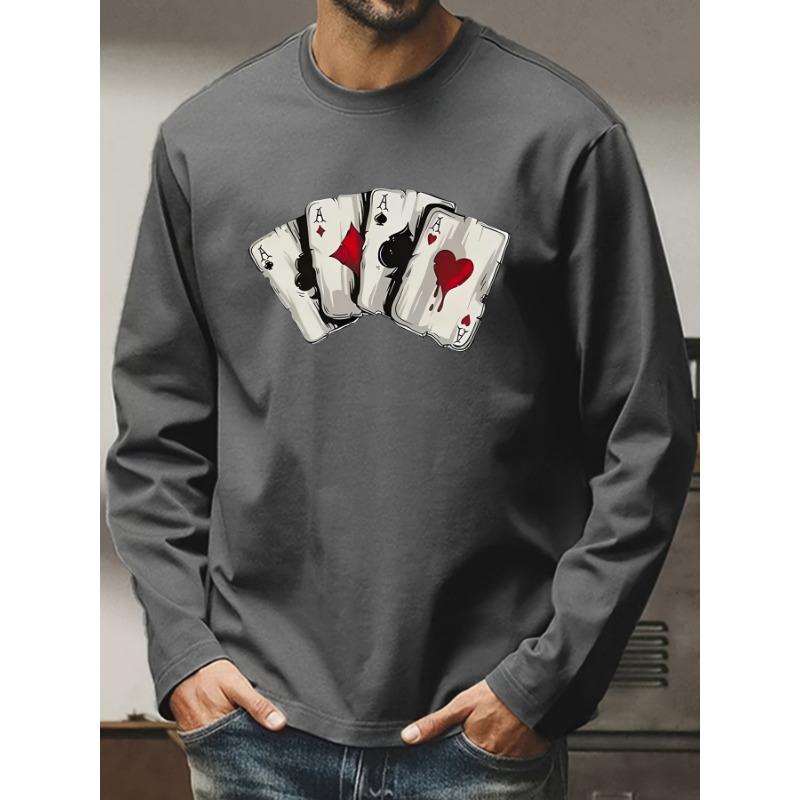 Men's 100% Pure Cotton Loose and Comfortable Casual Sports Poker Card Pattern Printed Round Neck Long Sleeved T-shirt Top