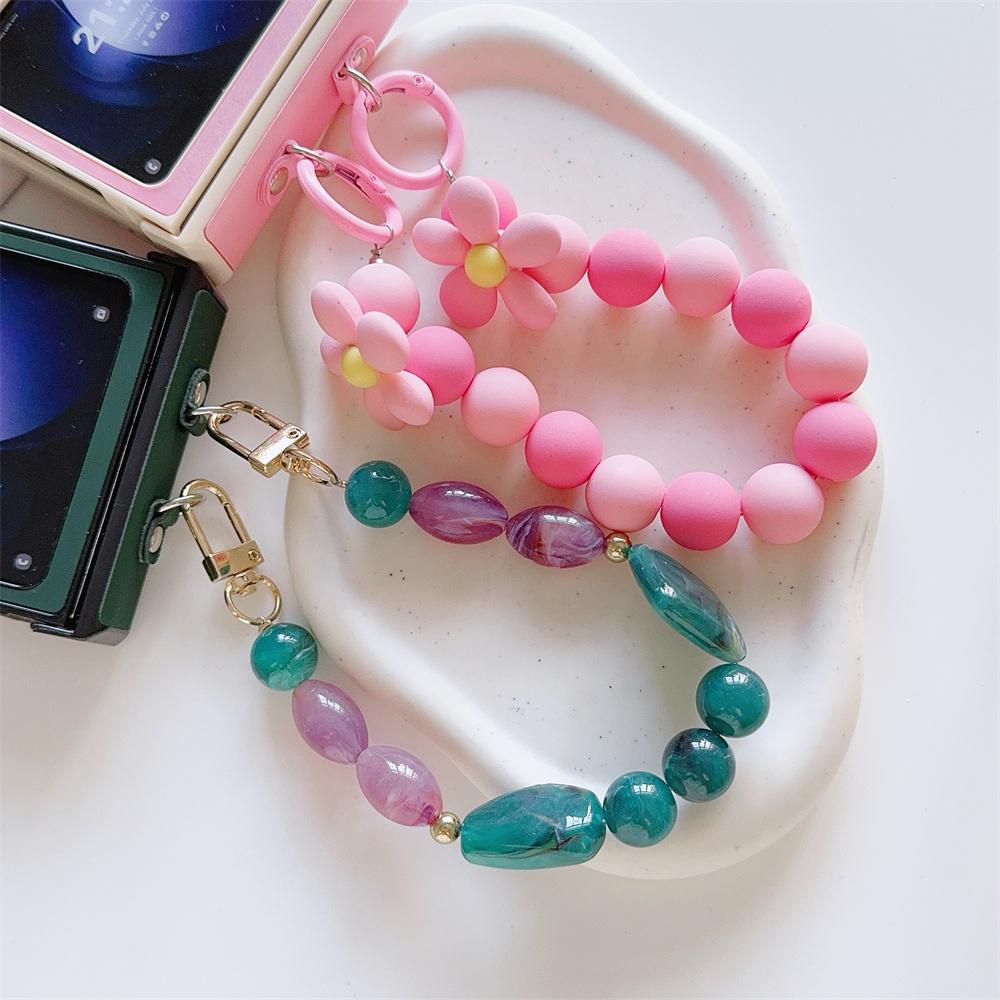 Phone Case with Hinge Protection & Beads Wrist Strap Bracelet For Samsung Galaxy Z Flip 6 5 4 3 5G Hard Plastic PU Leather Cover