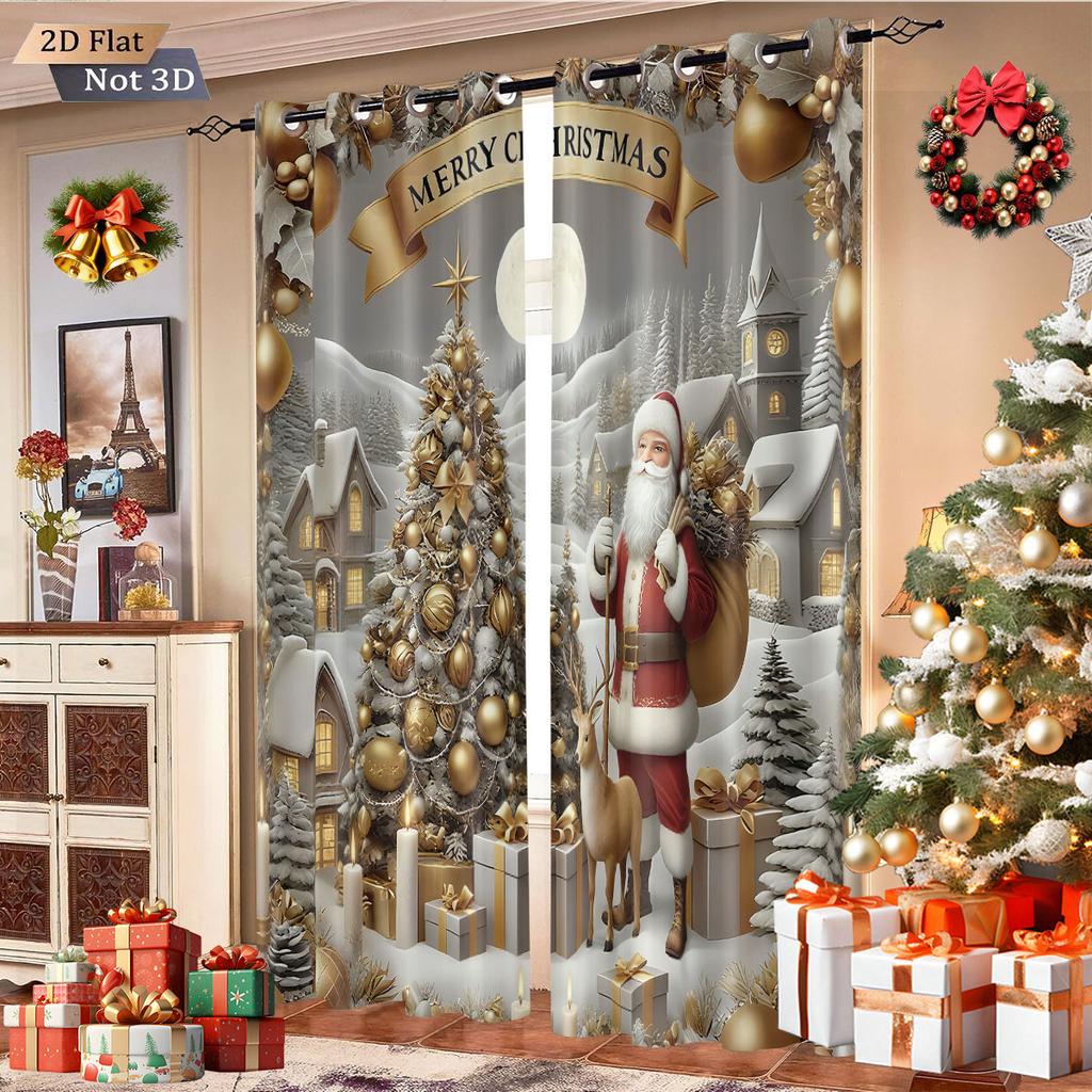 2 Christmas Tree Santa Claus Print Perforated Blackout Curtains Various Size Living Room Insulation Decoration Machine Washable