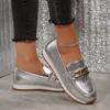 Fashion Women's Chain Decor Platform Loafers Fashion Gold Silver PU Leather Flats Shoes Woman Lightweight Slip On Casual Shoes Plus Size