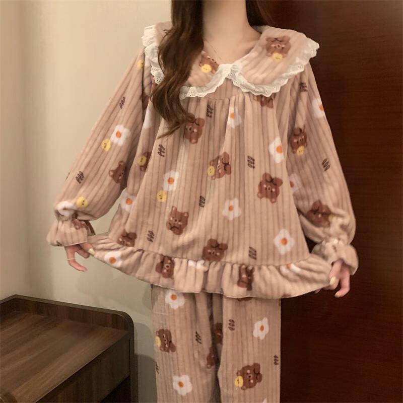 OEING Women's Little Bear Coral Fleece Pajama Set