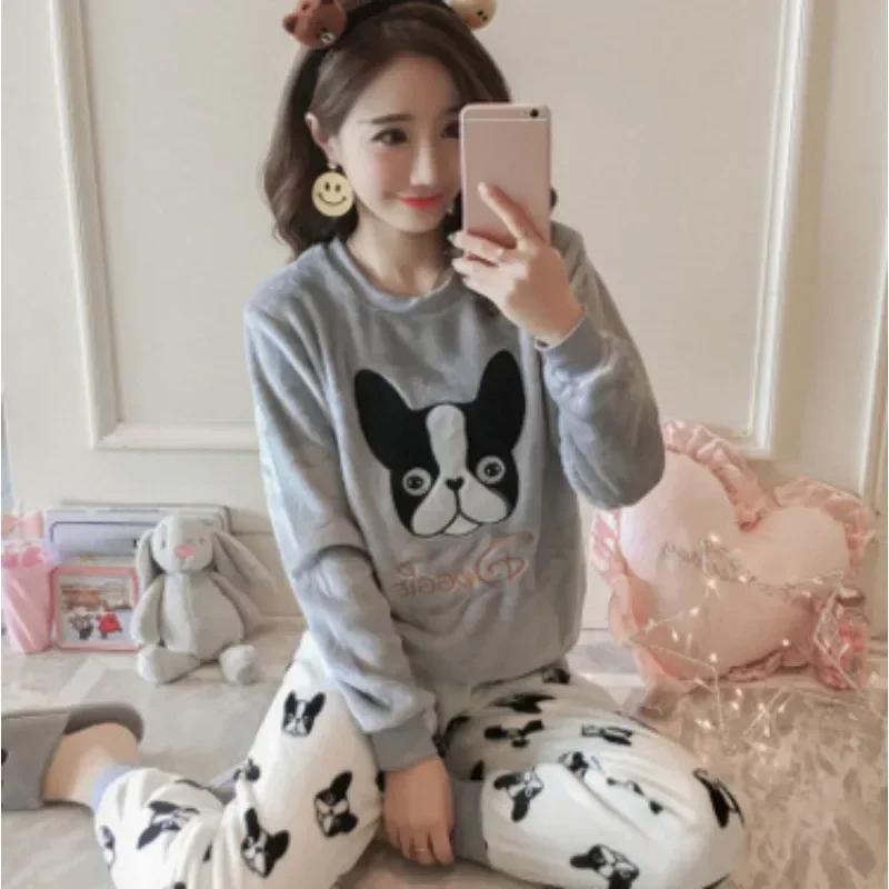 Warm Sleepwear for Winterplus Size Women Winter Thickened Coral Velvet Cartoon Korean Version Long Sleeve Long Pants Student