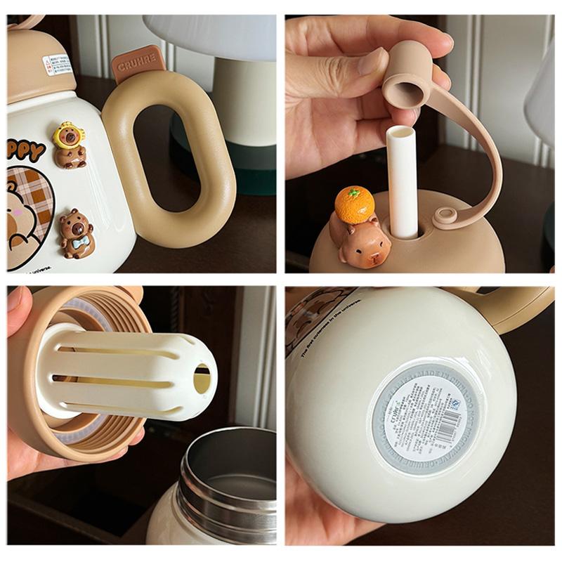 Cute Thermos Bottle With Handle Girls Straw Water Cup Desktop 316 Stainless Steel Tea Water Separation Insulated Cup Tumbler