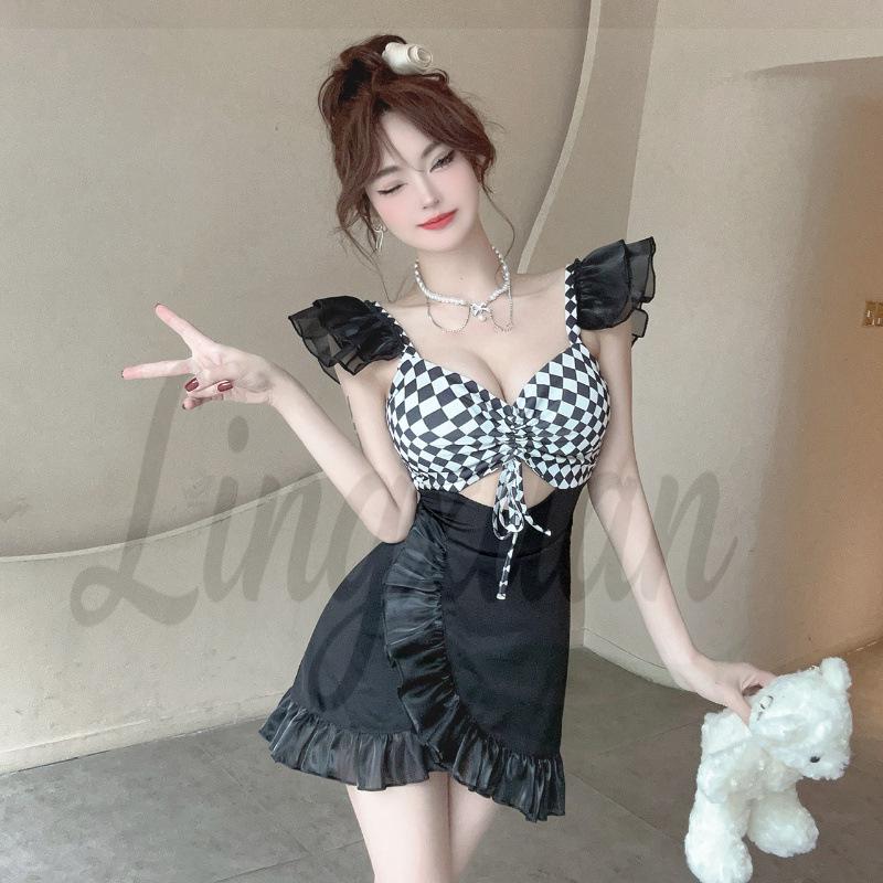 Sexy Plaid Patchwork Mesh Bodycon Dress with Drawstring Detailing S чёрный