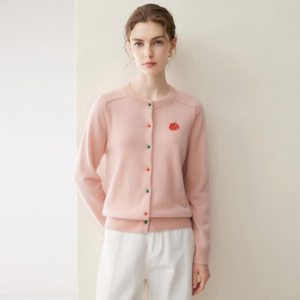 Women's 100% Pure Cashmere Cardigan with Colored Buttons, Round Neck, and Fruit Embroidery.