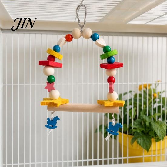 Bird Swing Toy Hanging Parrot Toy, Wooden Perch Stand for Cage, Wood Beads Blocks Chew Parakeet Cockatiel Budgie Macaws