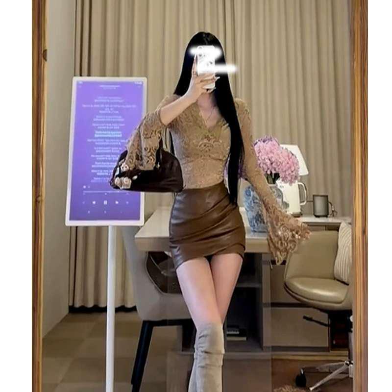 American Spicy V-Neck Lace Long Sleeve Women's Autumn Slimming Top