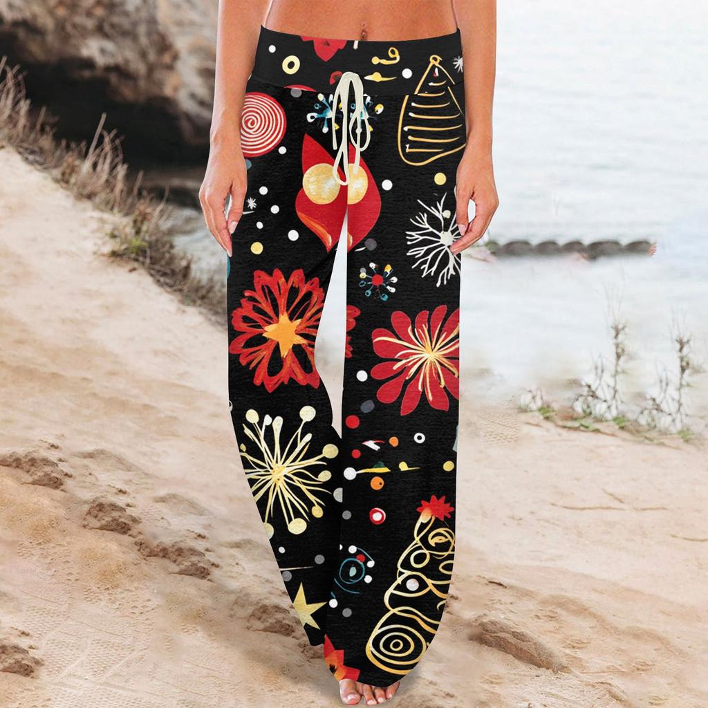 Women's Comfortable Sleeper Pants Christmas Printed Drawstring Wide Leg Pants Casual Pants