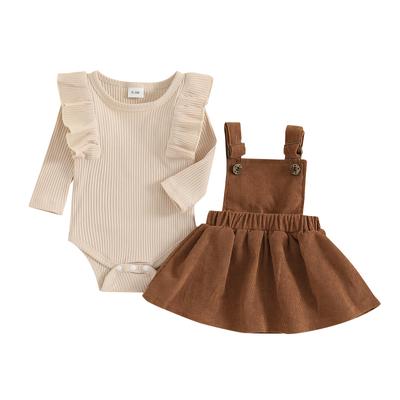 Baby Girl Fall Outfit Solid Ruffled Long Sleeve Crew Neck Romper with Corduroy Suspender Skirt 2 Pcs Set
