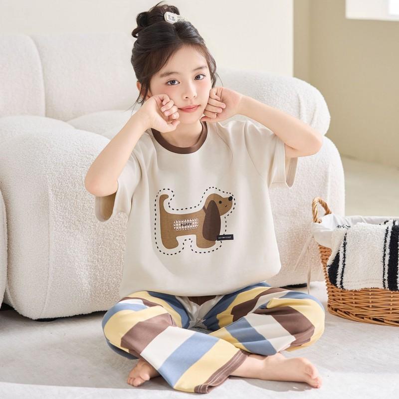 Girls Cotton Pajama Set Short Sleeve Long Pants Cartoon Print Sleepwear Kids Ages 4-12