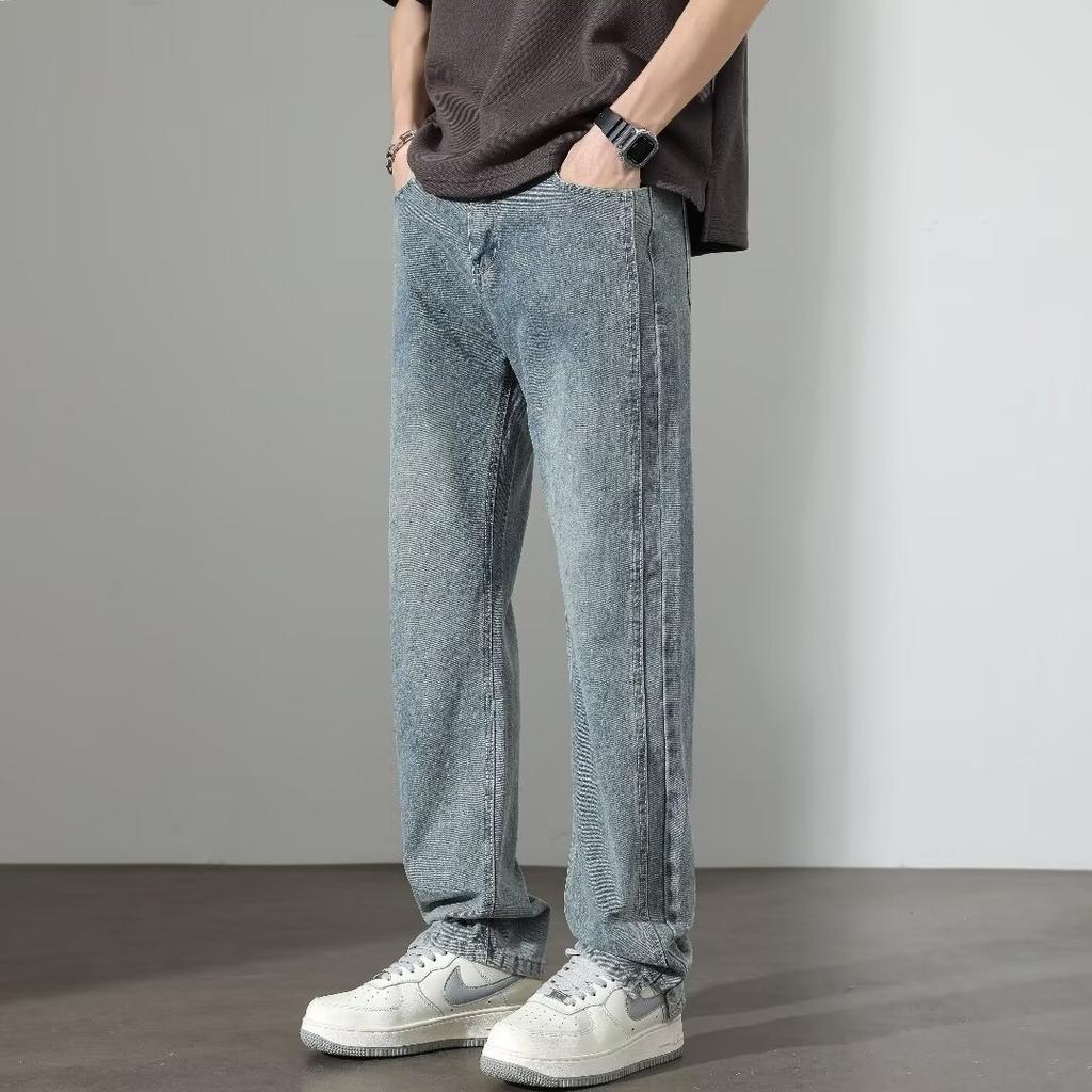 Casual men's pants autumn retro washed loose straight boys American high street micro-pull jeans men's spring and autumn