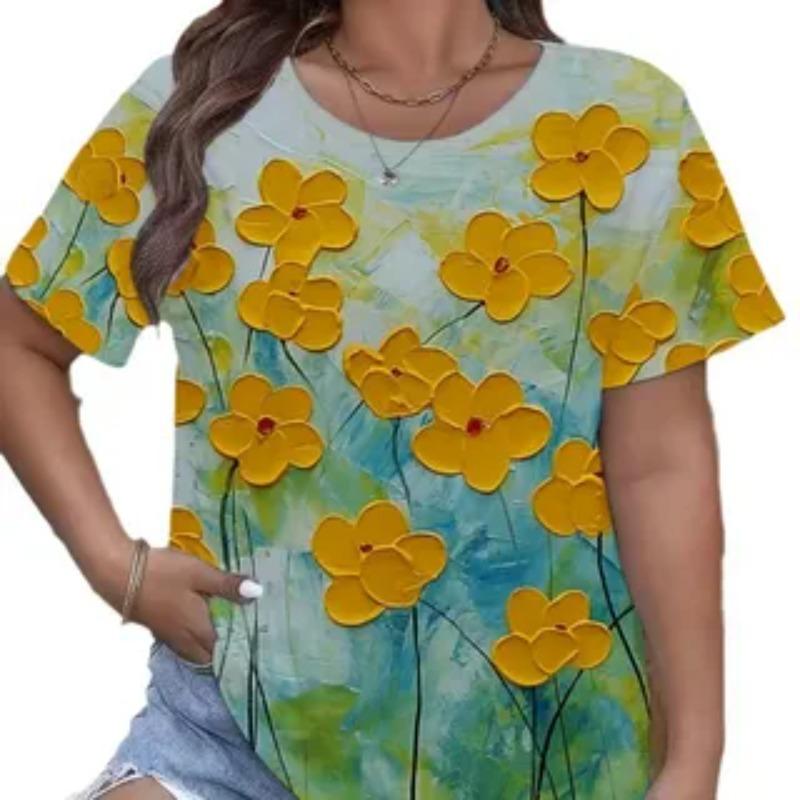 Sommer Rundhals 3D Blumenmuster Print Top Modisches Lässiges Kurzarm Übergröße Damen T-Shirts
