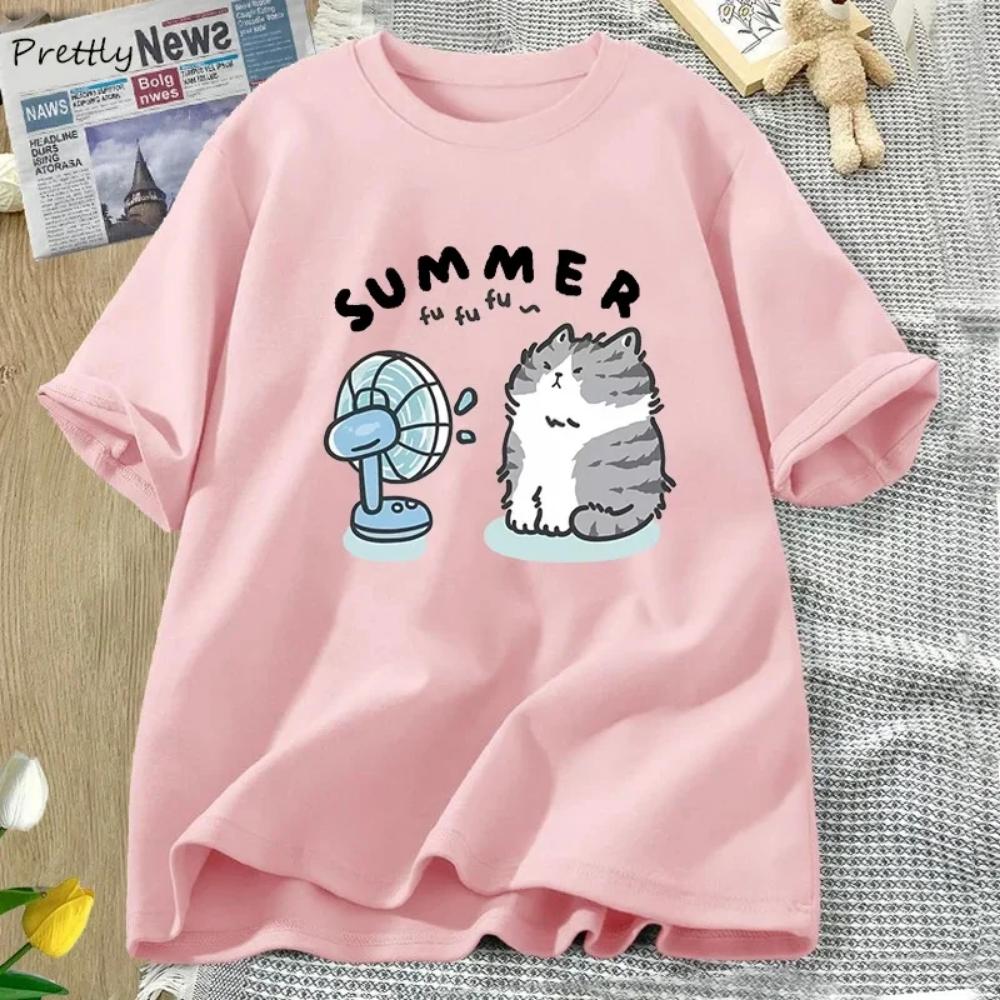 Summer Funny Cat and Fan Pattern T-shirt Women's Short Sleeved T-shirt Harajuku Clothing Women's Street Clothing Top Fashion