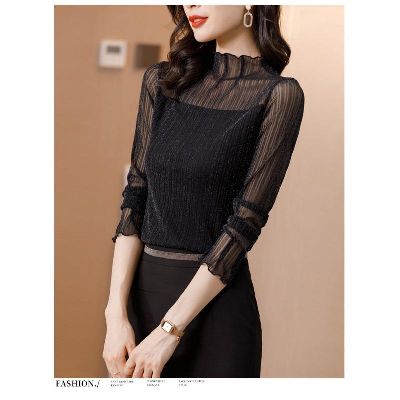 High Collar Mesh Bottoming Shirt for Women Spring and Autumn New Style Long-sleeved Lace Top