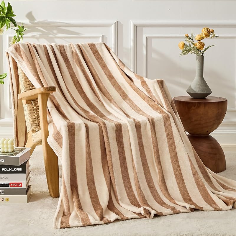 FY FIBER HOUSE Striped Flannel Throw Blanket - Soft Cozy Striped Blanket for Couch, Sofa, or Bed - 50"x60", Black Brown, All Season Use