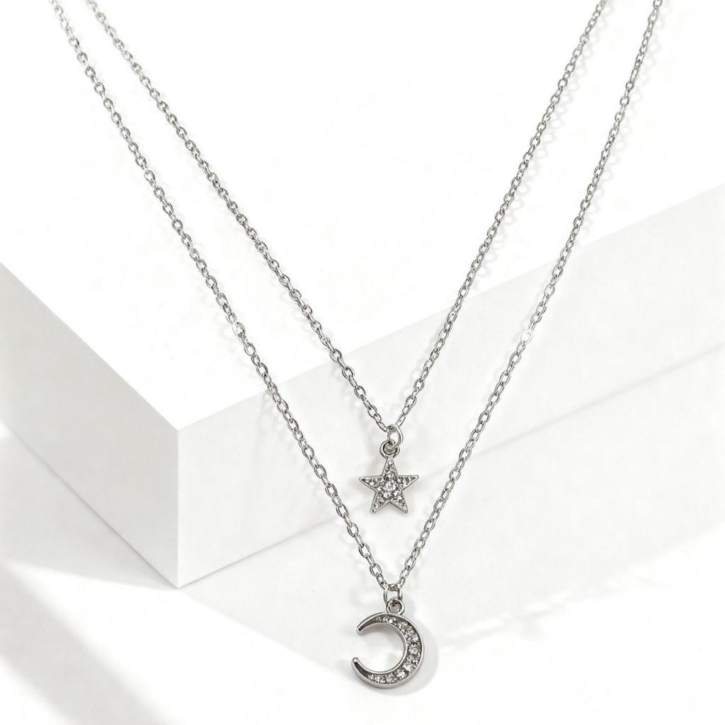 Korean Version of Silver Flash Diamond Five-pointed Star Moon Double-layer Necklace Niche Women's Collarbone Chain Design Sense Light Luxury Accessori