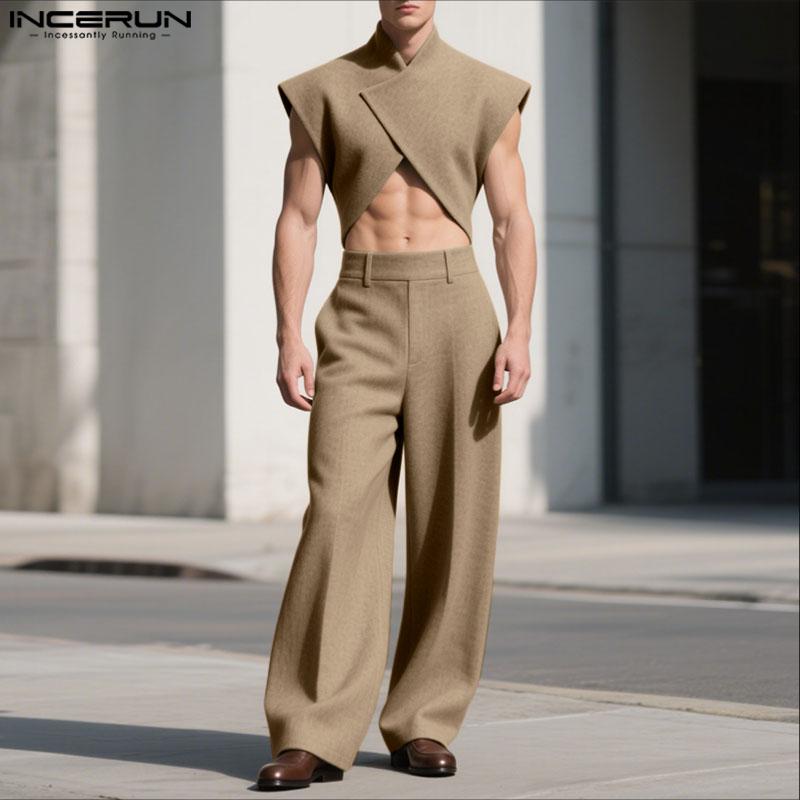 INCERUN Two Pieces Outfits Men Irregular Cropped Tops and Long Straight Pants Sets