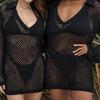 Women's Turn Down Collar V Neck Long Sleeve Crochet Knit Slim Fit Beach Cover Up Dress