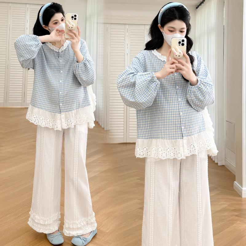 Mori Style Maternity Plaid Lace Top & Wide-Leg Pants Set (Two-Piece)