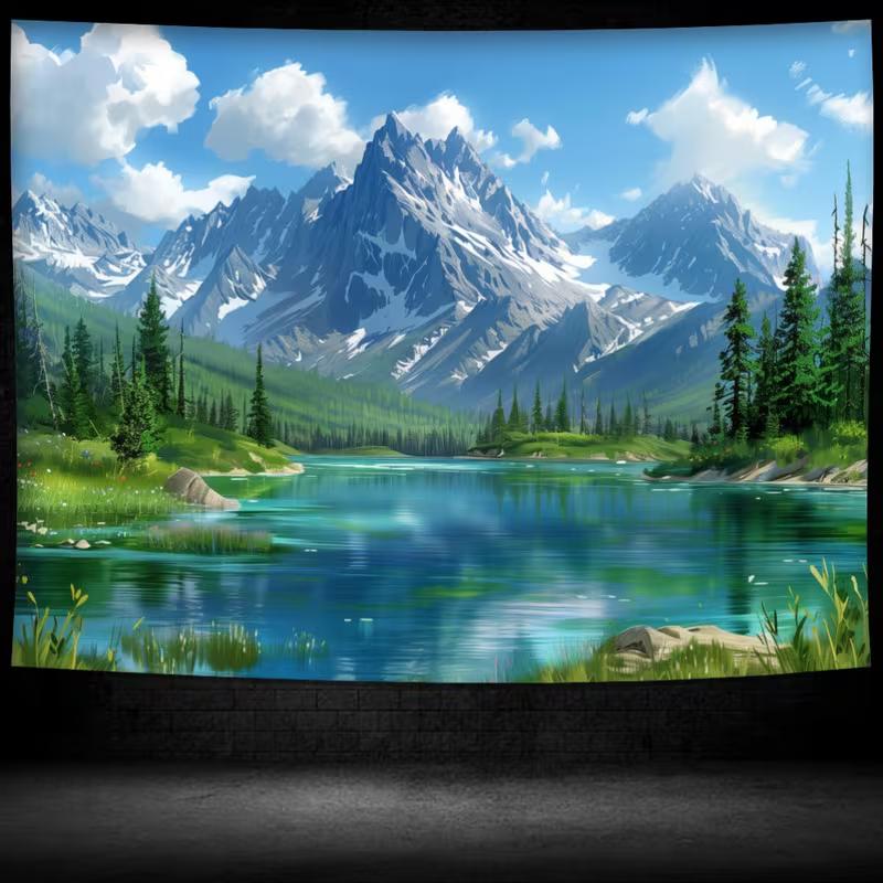 2D Peaceful Lake Mountain Backdrop, Snow-Capped Peaks & Forest Photo Background 47.2x31.5inch/120*80cm