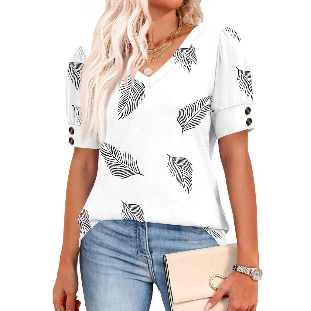 Womens Tops Short Sleeve Shirts Buttons V Neck  Fashion Outfits  Blouses  Casual