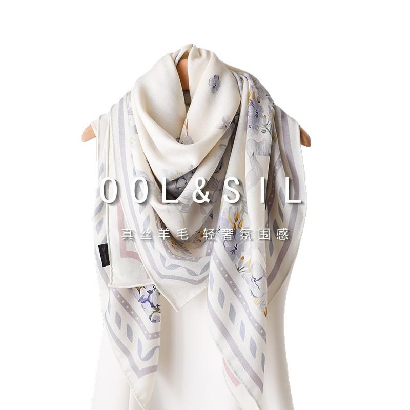 111Cm silk square scarf fresh blue pink floral four-leaf clover print silk wool silk scarf air conditioner shawl woman
