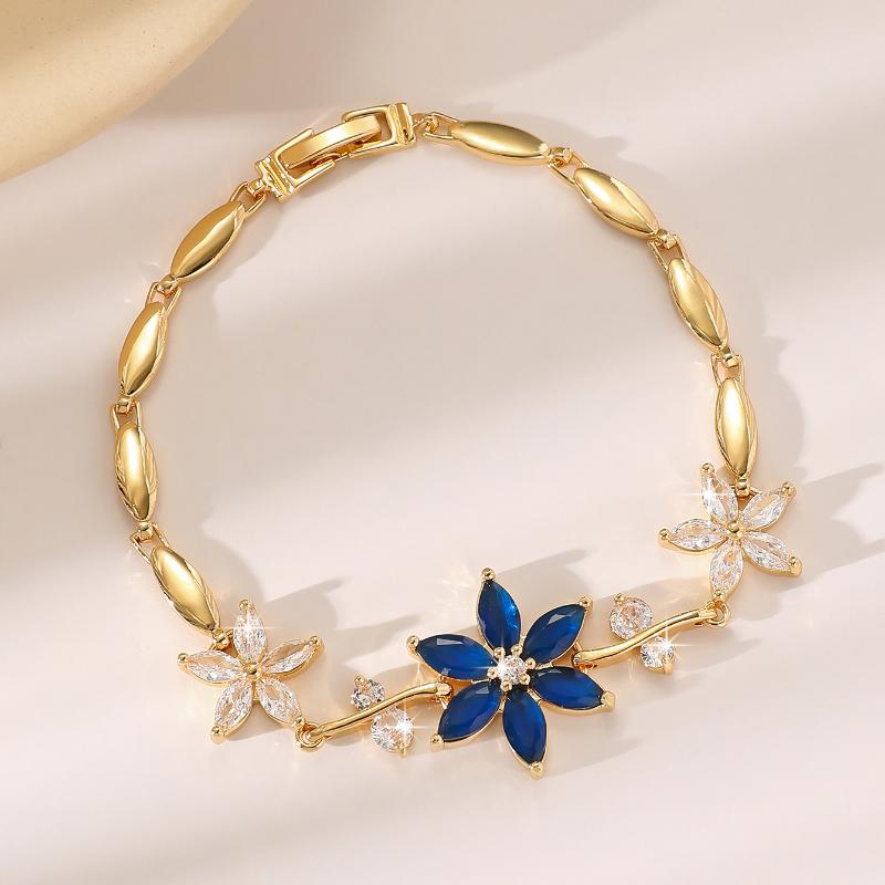 Women Jewelry Silver Color Dark Blue Crystal Leaf Chain Link Bracelets And Bangles For Party Gift Color Retention Bracelet