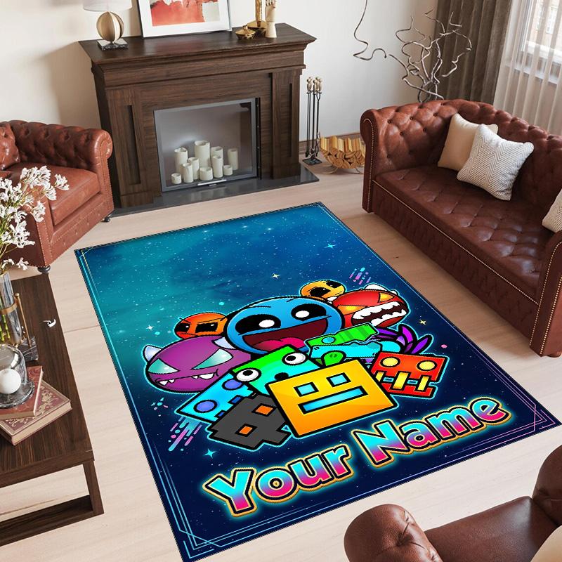 Personalized Crystal Velvet Carpet Custom Name Text,Geometry Dash Anti Slip Area Rug For Home Decoration