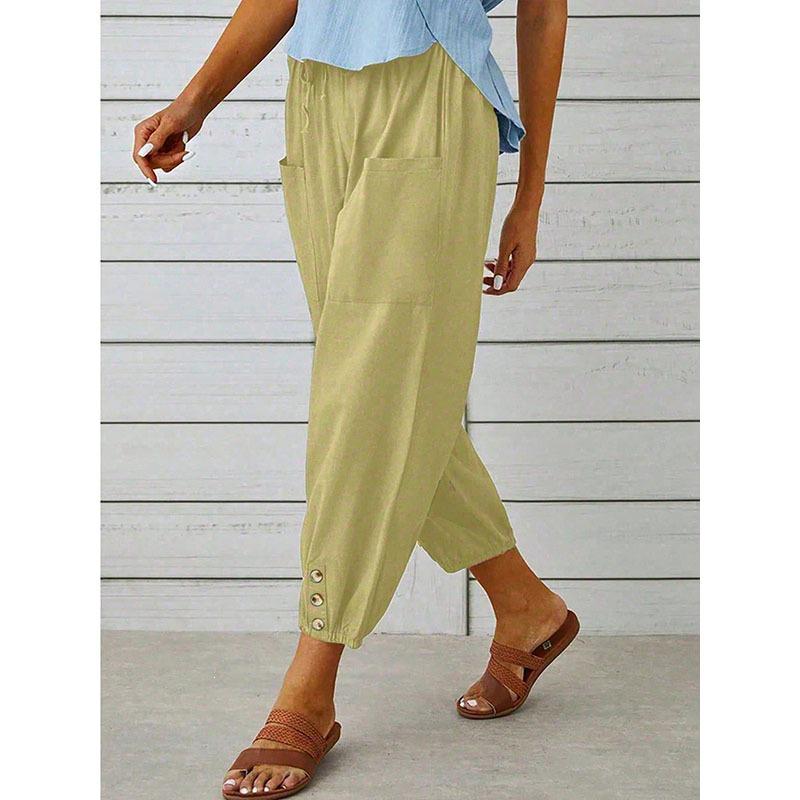 2026 Loose High-Waisted Buttoned Cotton Linen Wide-Leg Nine-Point Women's Pants
