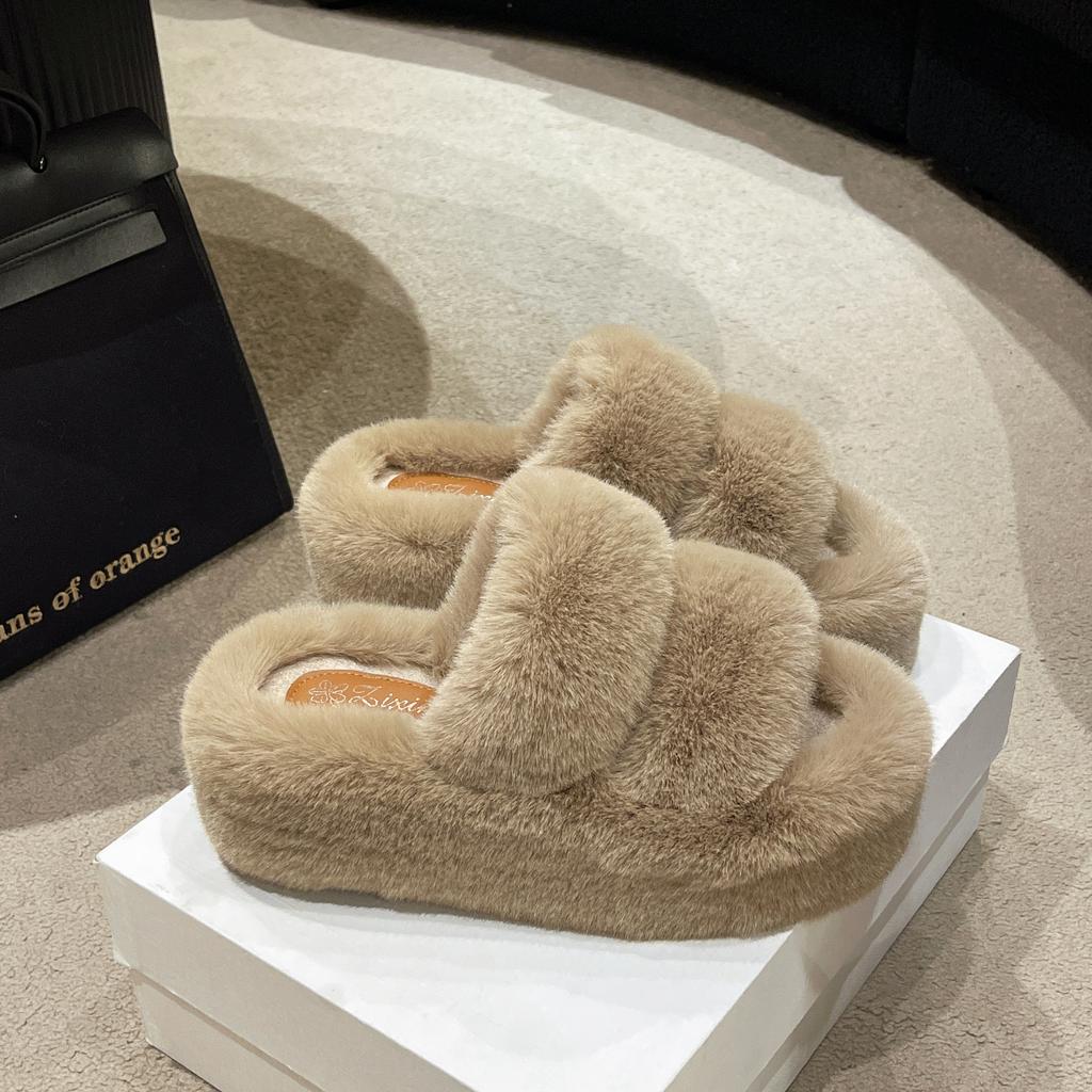Thick-bottomed cm fluffy slippers for women can wear large-size warm home non-slip cotton mops in autumn and winter