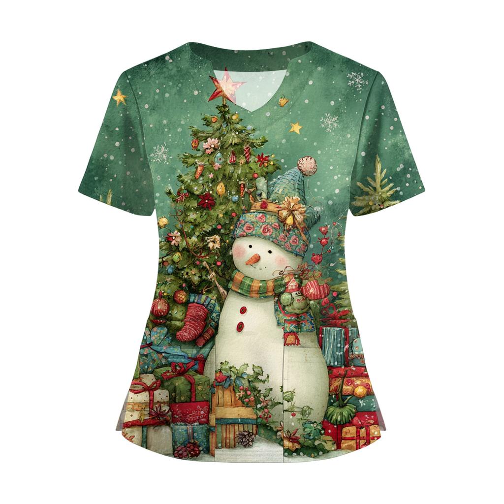 Women's Short Sleeved Christmas Printed V-neck Buttonable Side Slit Top T-shirt