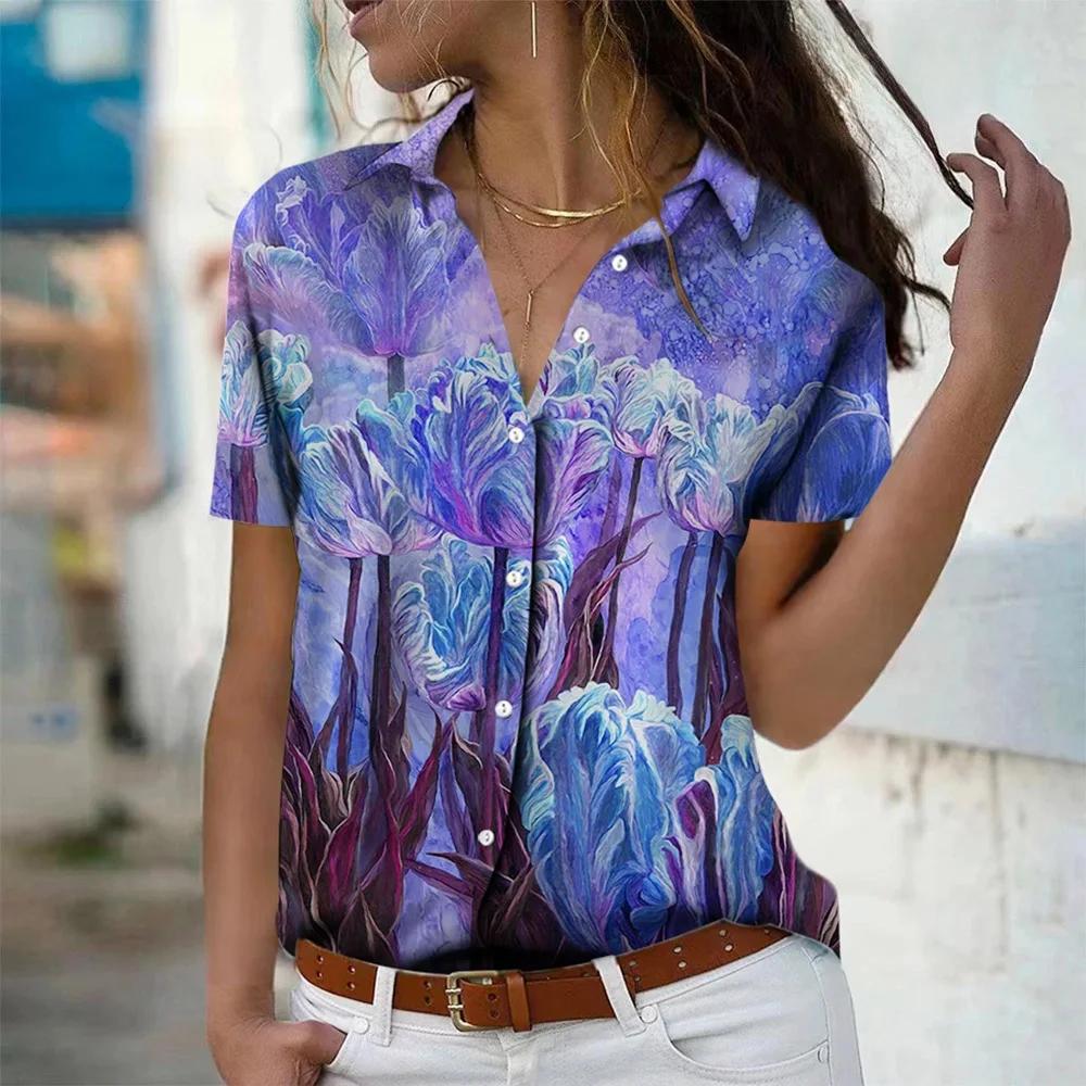 Fashion Women's Floral 3d Printed Short Sleeve Lapel Shirts Tops 2026 New Summer Blouses Tops