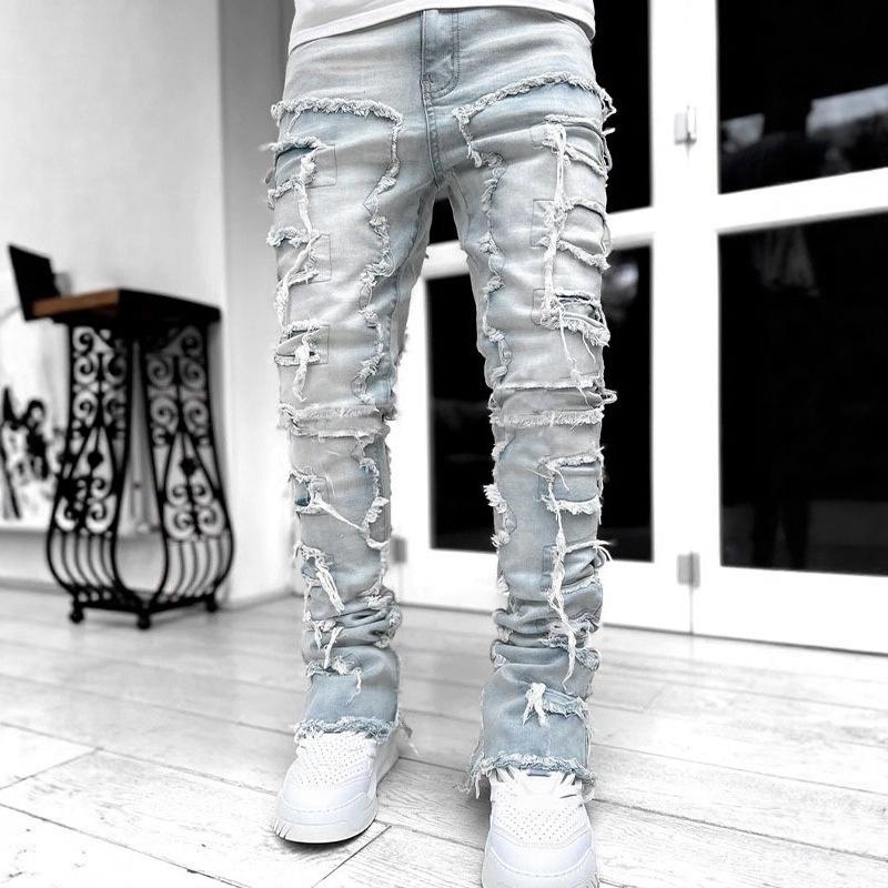 Jeans Moda Uomo Elasticizzati Patch Stratificati Dritti Lunghi