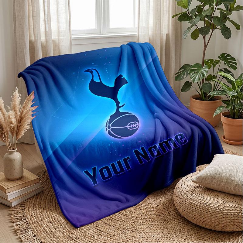 Tottenham Hotspur FC Custom Name Text Flannel Blanket Soccer Logo Personalized Fleece Throw Blanket Special Gift For Sofa Bedroom Home