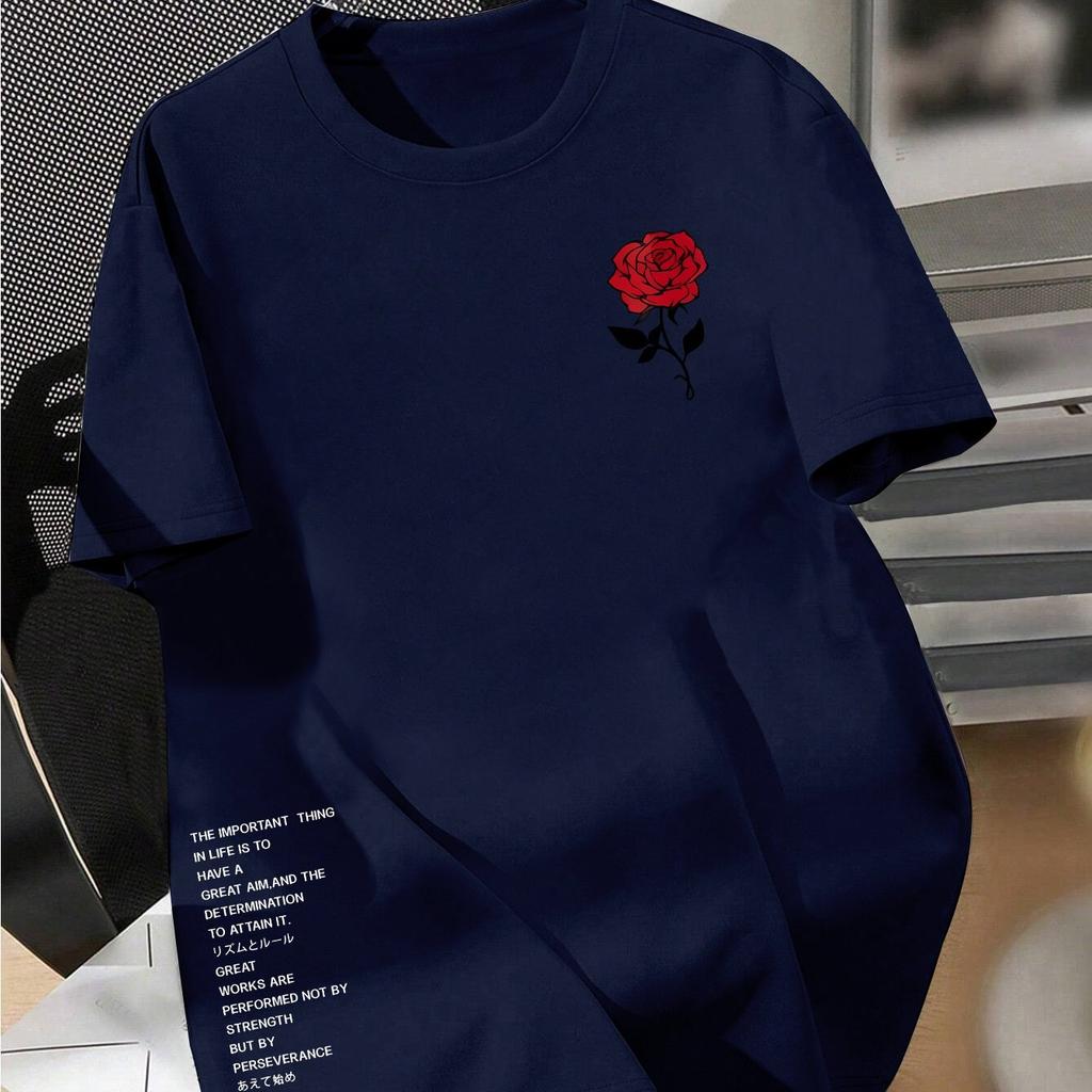 Aesthetic Small Red Rose Chest Graphic TShirt Unisex Unisex Motivational Text Side Print Minimalist Short Sleeve Unisex Tees