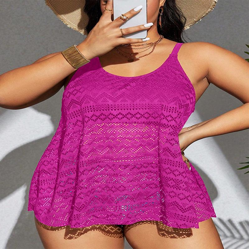 2024 Plus Size Solid Color Spaghetti Strap Mesh Bikini Swimsuit for Women