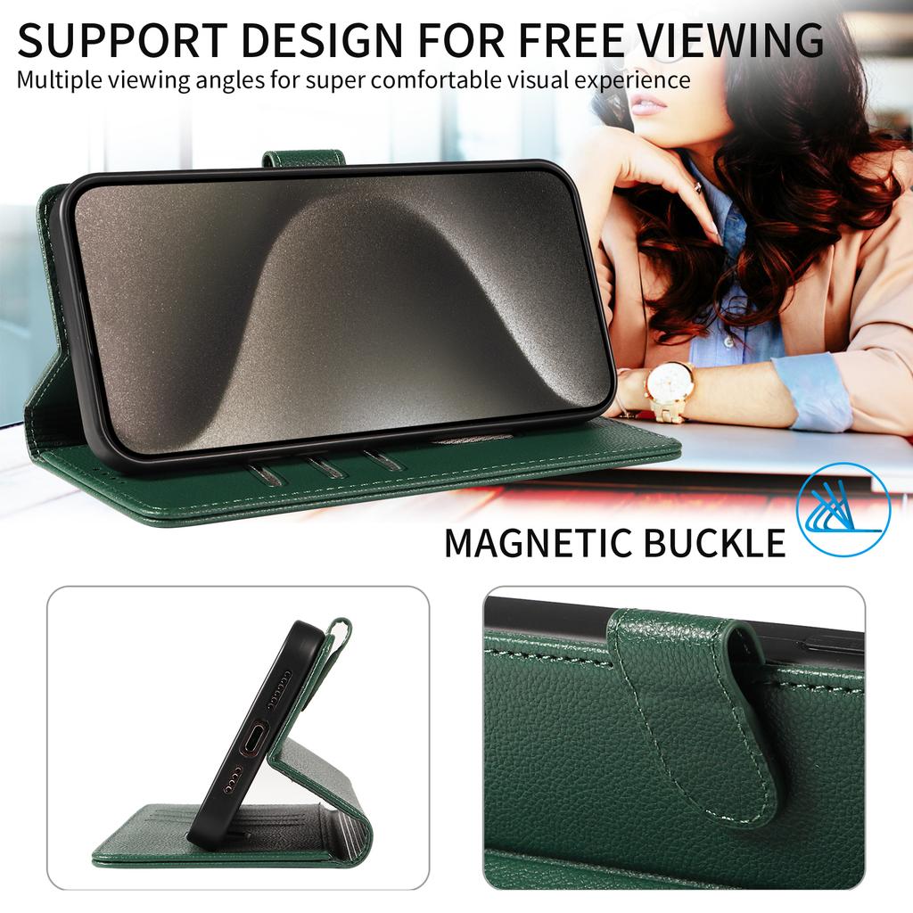 For iPhone 14 Pro Leather Case Litchi Texture RFID Blocking Wallet Stand Phone Cover