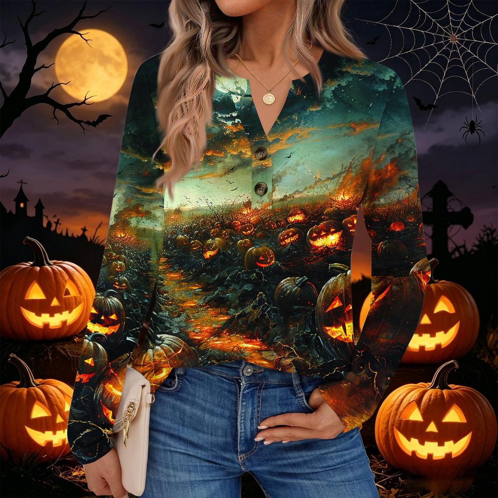 Women's Halloween Print Long Sleeve Shirt Casual Blouse