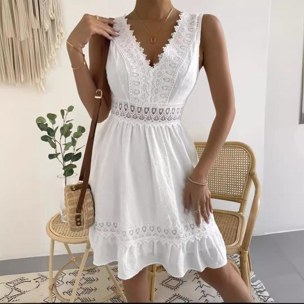 Ladies' Lace And Lace Patchwork Pleated V-neck Sexy Backless Dress