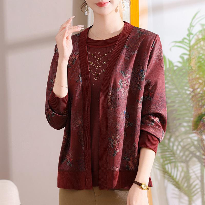 Mother's Ice Silk T-shirt & Jacket Set: Spring/Autumn Knit Two-Piece for Middle-aged & Elderly Women