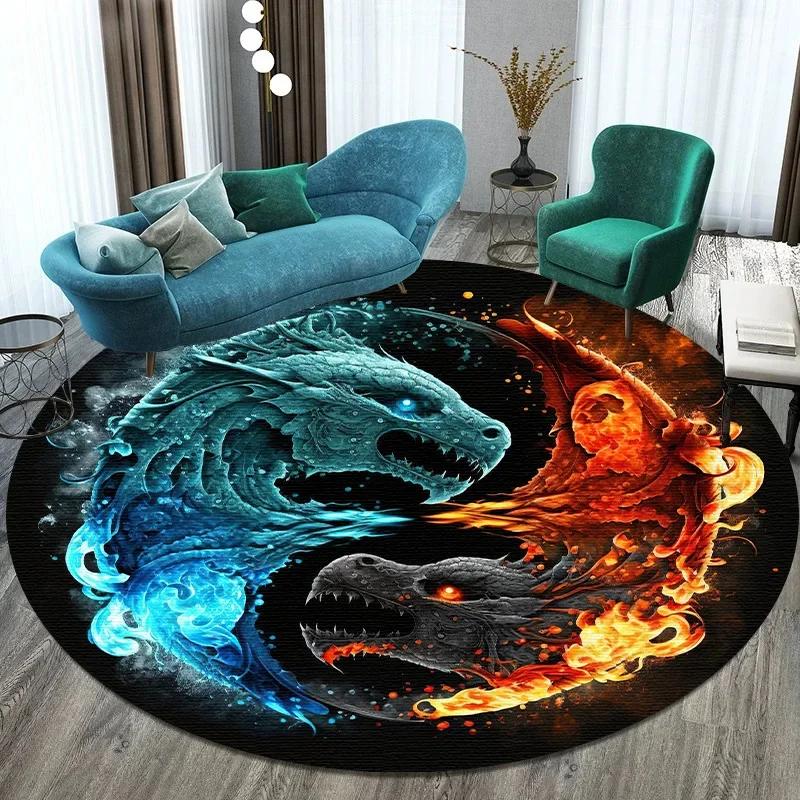 Crystal Velvet Tree of Life Round Rug, Dragon Tiger Yin Yang Print Non Slip Floor Mat for Living Room, Bedroom, Home Decor