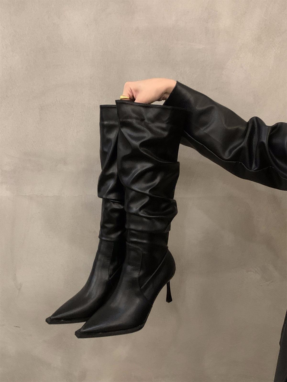 

Сапоги на высоком каблуке с острым ворсом, женская обувь 2024 года, новые осенне-зимние белые сапоги на узких каблуках, средние и длинные 35 чёрный