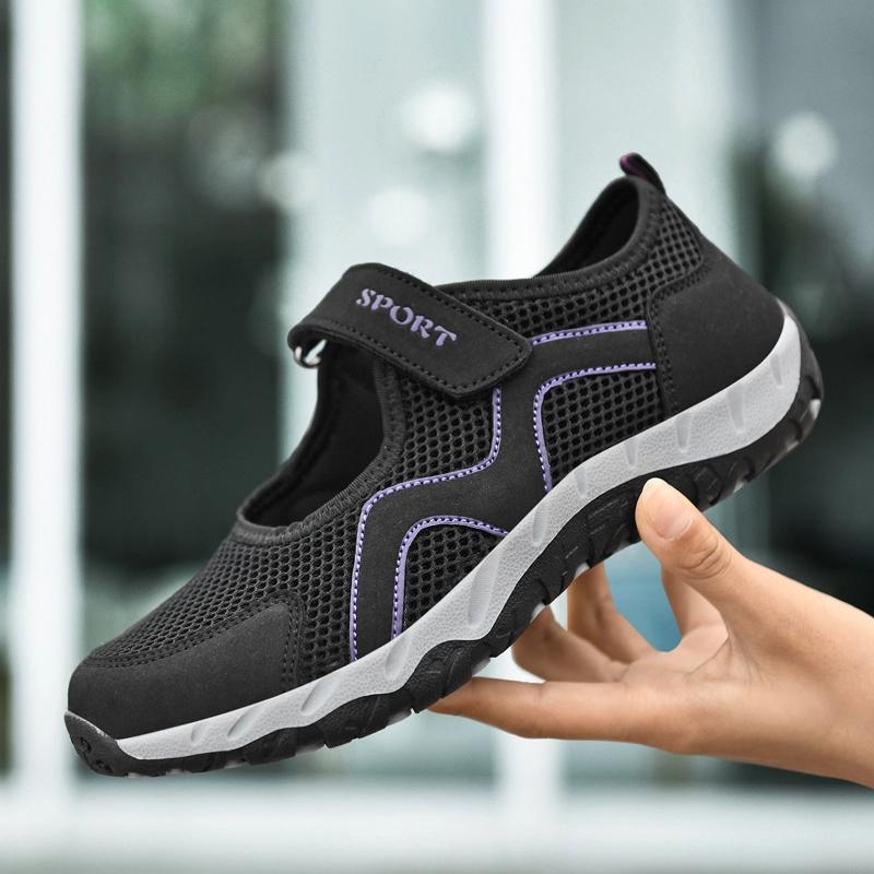 Fashion Women's Sports Flat Shoes Casual Comfortable Mesh Non Slip Summer Breathable Walking Mom Shoes Elderly Middle Aged Soft Soled
