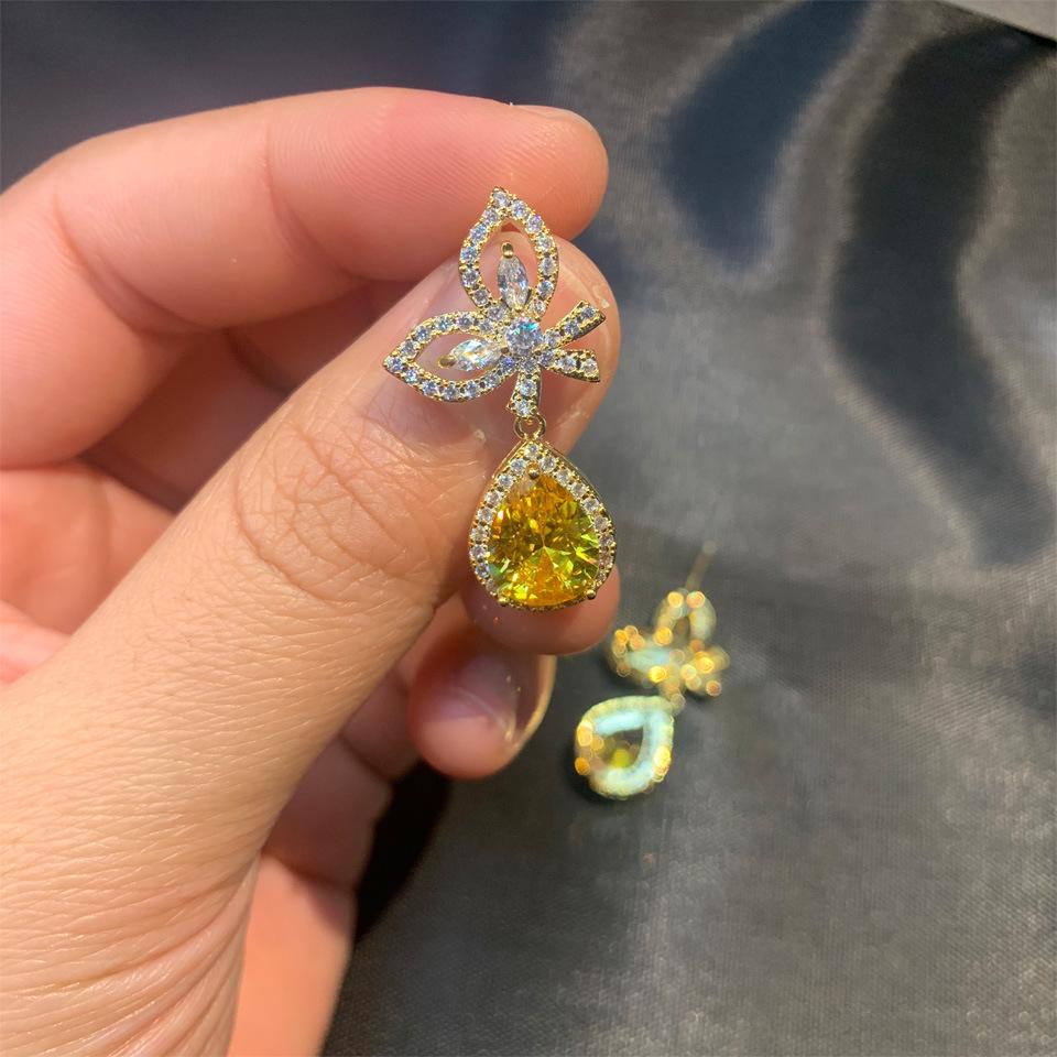 Micro Inlaid Zircon Yellow Water Drop Wings Long Earrings Female Needle Temperament Small Daily Bow for Women Jewelry Gift