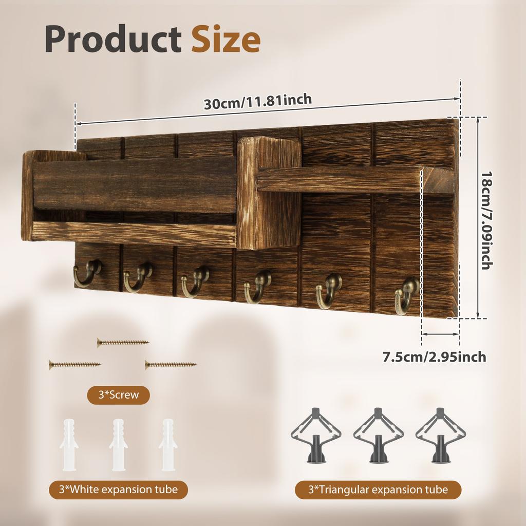 Wooden Mail Holder Wall Mounted Entryway Hallway Decorative  with 6 Key Hooks Rustic Home Wall Organizer Rack