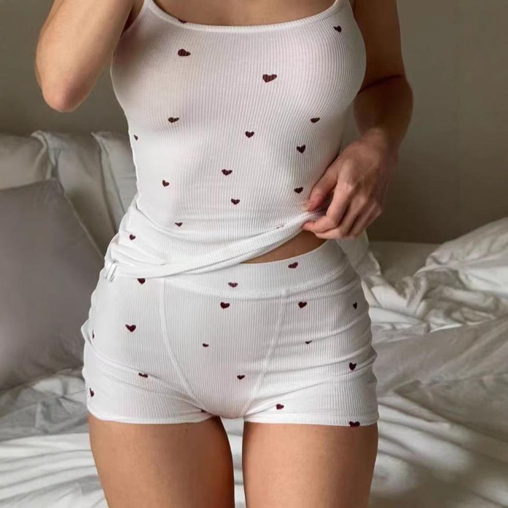 Damen-Strick-Pyjama-Set mit Herzmuster - Weste und elastische Shorts 2025